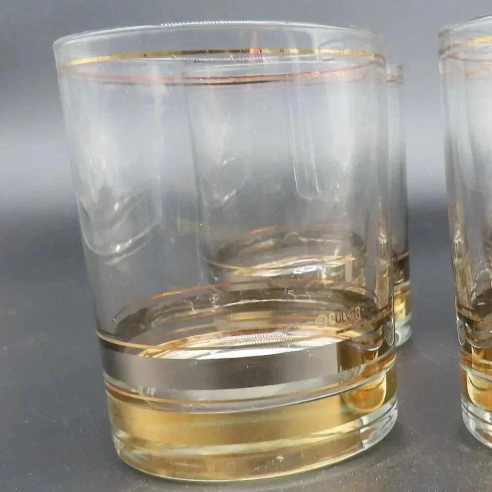 Culver Banded Rocks Low Ball Glasses Gold Silver Old Fashion Set of 4 VTG